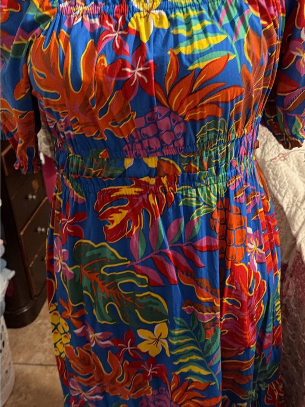 Vibrant Tropical Blue Off-Shoulder Women’s Dress